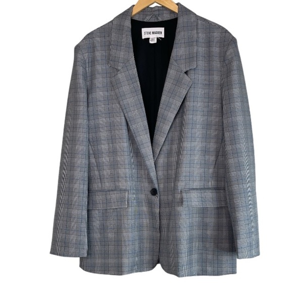 Steve Madden NWOT Plaid Blazer Padded Shoulders Black White Blue Loose Fit XL - Picture 13 of 13